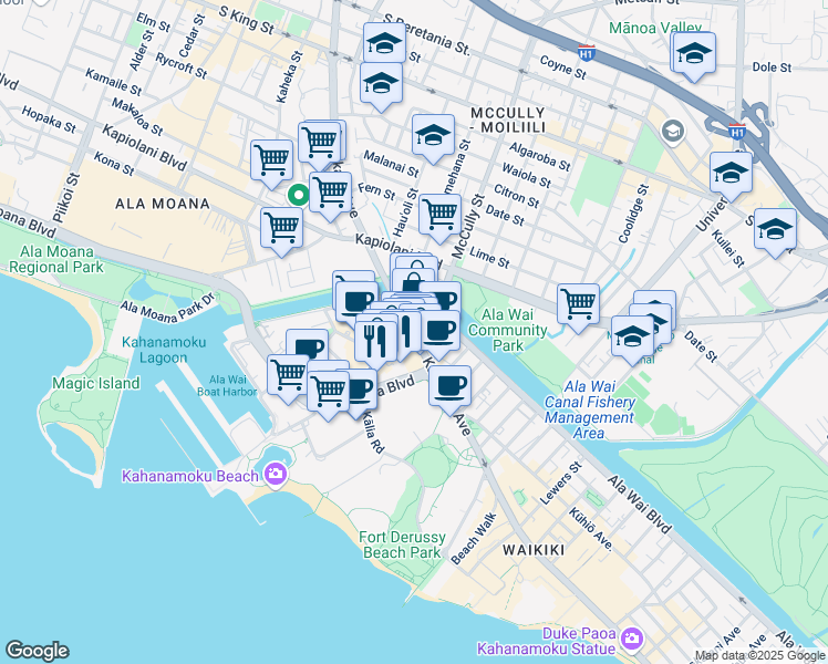map of restaurants, bars, coffee shops, grocery stores, and more near in Honolulu