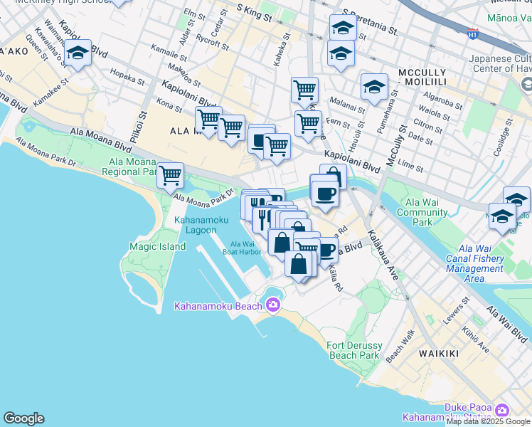 map of restaurants, bars, coffee shops, grocery stores, and more near 1700 Hawaii 92 in Honolulu