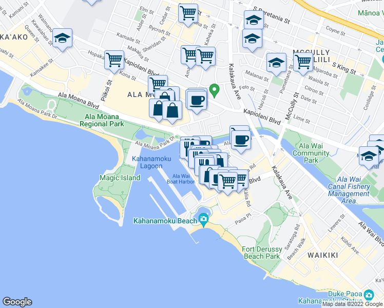 map of restaurants, bars, coffee shops, grocery stores, and more near 34 Holomoana Street in Honolulu