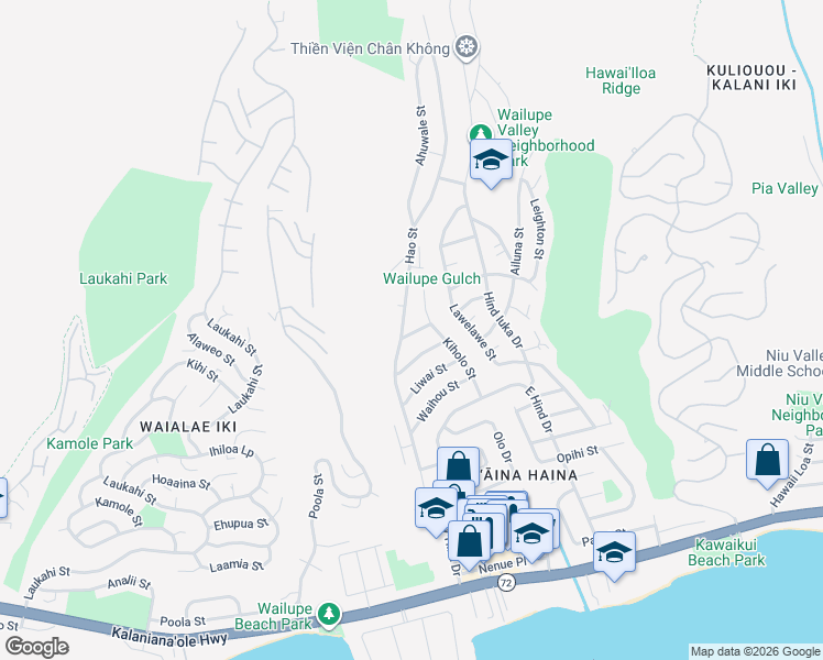 map of restaurants, bars, coffee shops, grocery stores, and more near 5258 Keakealani Street in Honolulu
