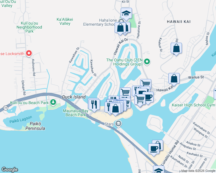 map of restaurants, bars, coffee shops, grocery stores, and more near 223 Opihikao Way in Honolulu