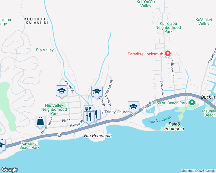 map of restaurants, bars, coffee shops, grocery stores, and more near 409 Mamaki Street in Honolulu