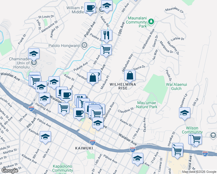 map of restaurants, bars, coffee shops, grocery stores, and more near 1509 Mokuna Place in Honolulu