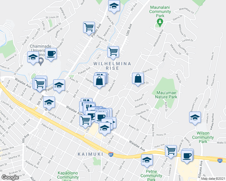 map of restaurants, bars, coffee shops, grocery stores, and more near 1509 Mokuna Place in Honolulu