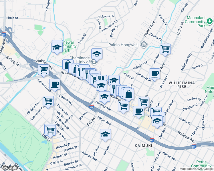 map of restaurants, bars, coffee shops, grocery stores, and more near 1258 Palolo Avenue in Honolulu
