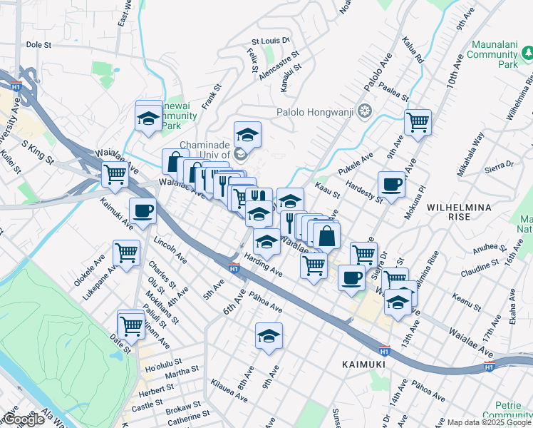 map of restaurants, bars, coffee shops, grocery stores, and more near 1258 Palolo Avenue in Honolulu