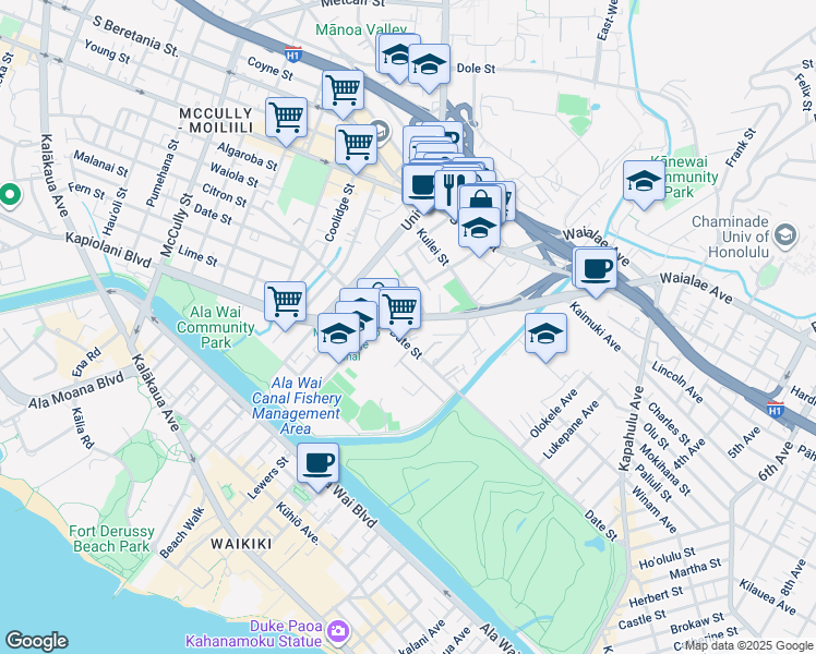 map of restaurants, bars, coffee shops, grocery stores, and more near 2733 Kāʻaha Street in Honolulu