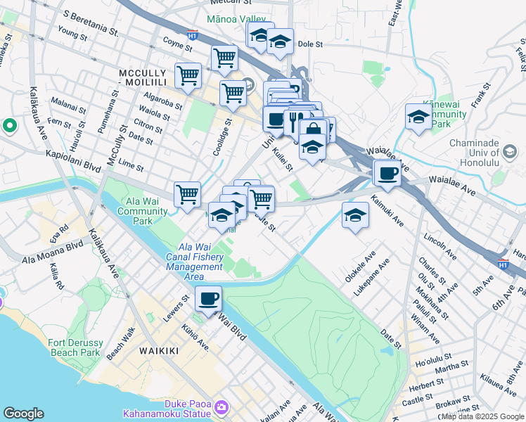 map of restaurants, bars, coffee shops, grocery stores, and more near 2733 Kāʻaha Street in Honolulu