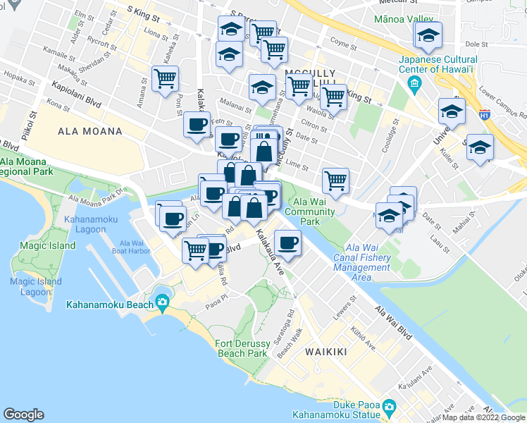 map of restaurants, bars, coffee shops, grocery stores, and more near 1909 Ala Wai Boulevard in Honolulu