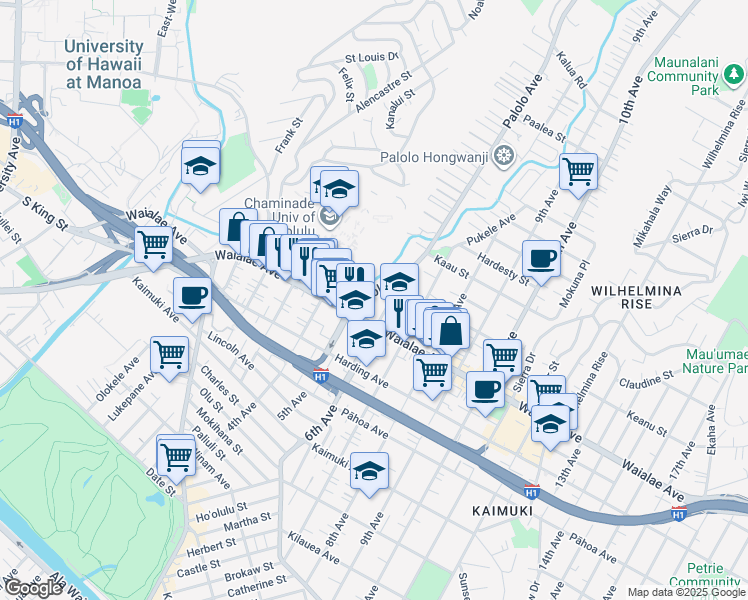 map of restaurants, bars, coffee shops, grocery stores, and more near 1237 Palolo Avenue in Honolulu