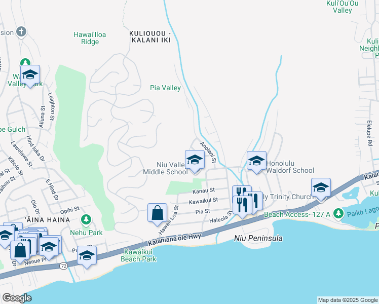 map of restaurants, bars, coffee shops, grocery stores, and more near 327 Anonia Street in Honolulu