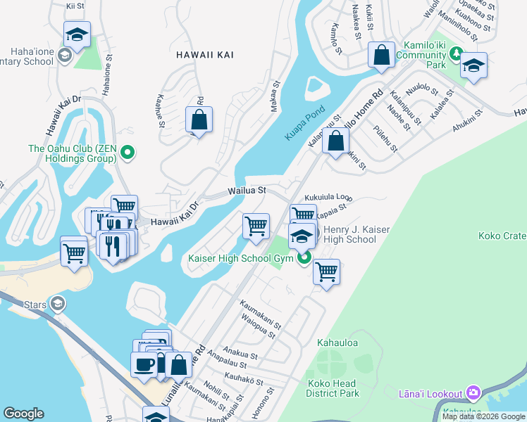 map of restaurants, bars, coffee shops, grocery stores, and more near 7152 Wailua Street in Honolulu