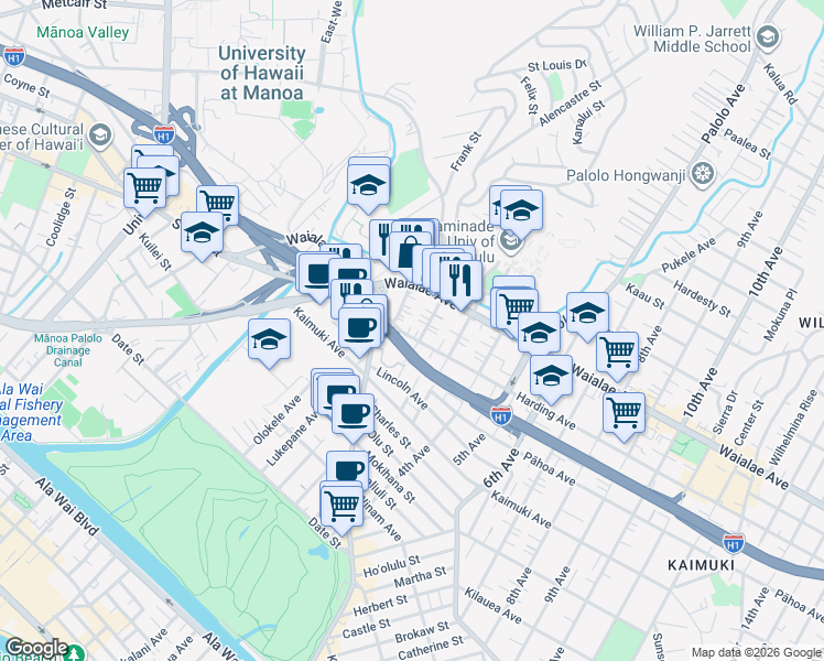 map of restaurants, bars, coffee shops, grocery stores, and more near 3040 Harding Avenue in Honolulu