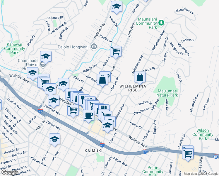 map of restaurants, bars, coffee shops, grocery stores, and more near 1451 10th Avenue in Honolulu