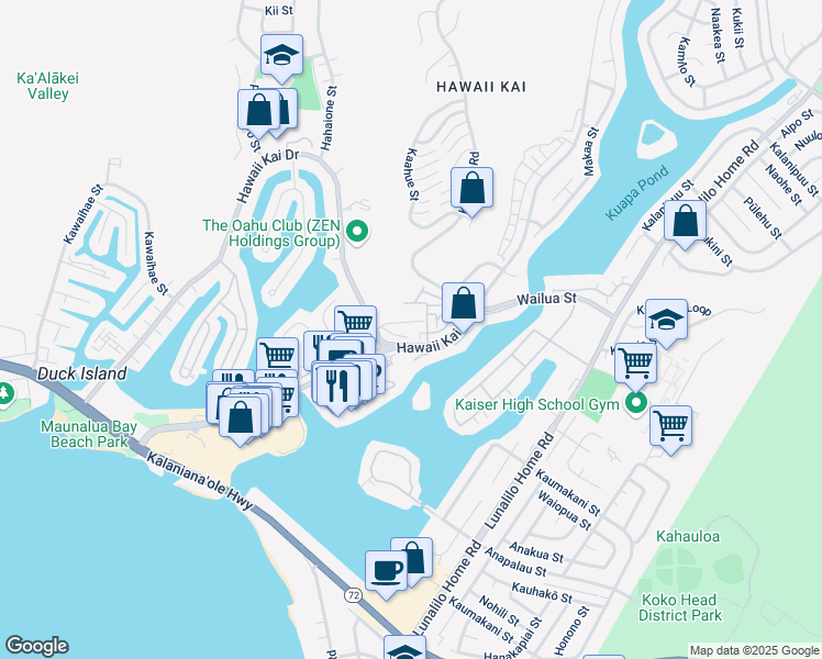 map of restaurants, bars, coffee shops, grocery stores, and more near 7002 Hawaii Kai Drive in Honolulu