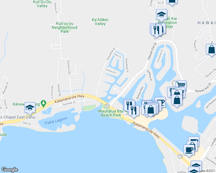 map of restaurants, bars, coffee shops, grocery stores, and more near 6243 Kawaihae Place in Honolulu