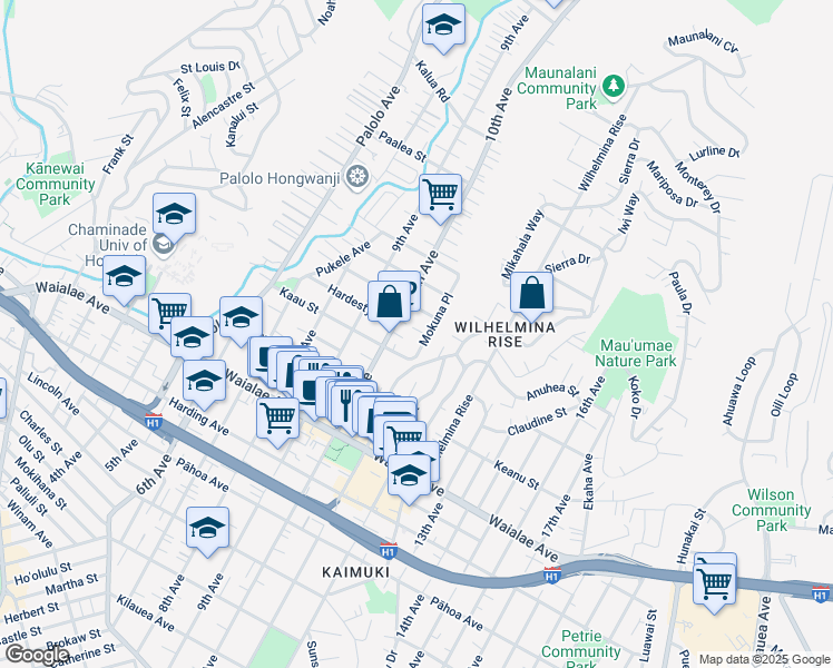 map of restaurants, bars, coffee shops, grocery stores, and more near 1451 10th Avenue in Honolulu