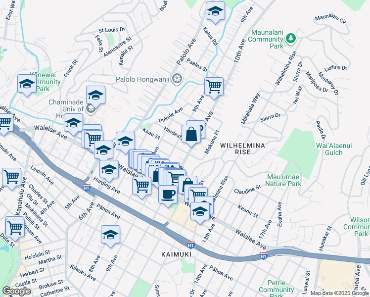 map of restaurants, bars, coffee shops, grocery stores, and more near 1419 9th Avenue in Honolulu