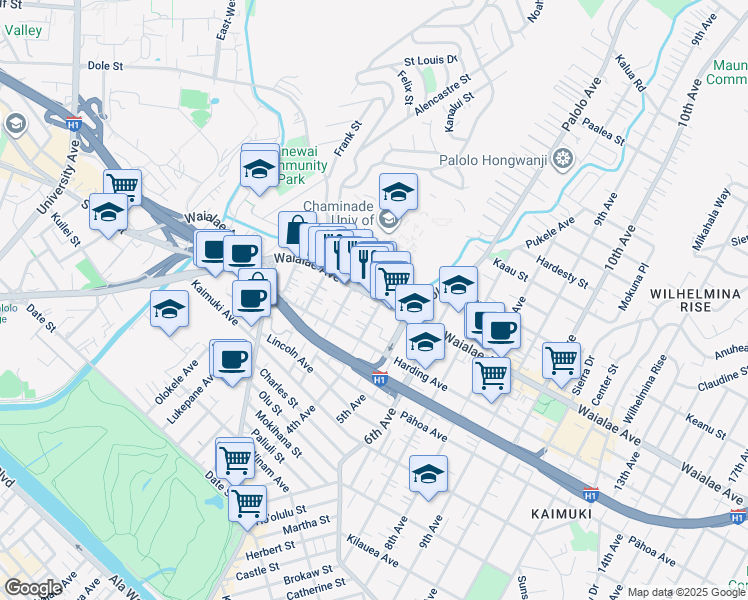 map of restaurants, bars, coffee shops, grocery stores, and more near 3154 Waialae Avenue in Honolulu