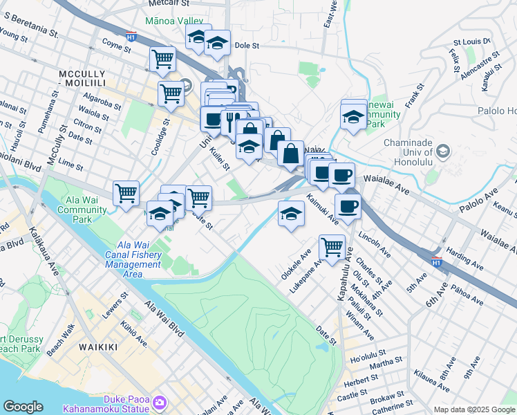 map of restaurants, bars, coffee shops, grocery stores, and more near 823 Waiaka Road in Honolulu