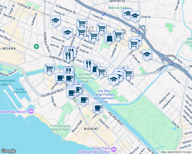 map of restaurants, bars, coffee shops, grocery stores, and more near 10 Kapiolani Boulevard in Honolulu