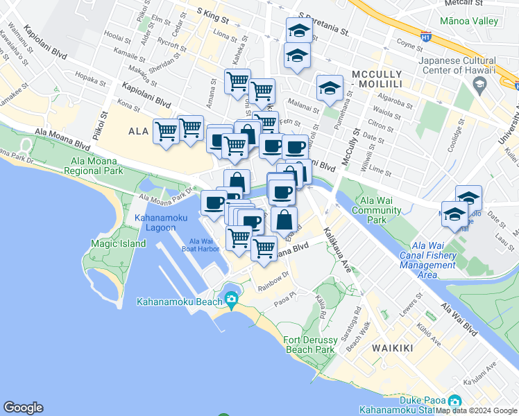 map of restaurants, bars, coffee shops, grocery stores, and more near Lipeepee Street in Honolulu