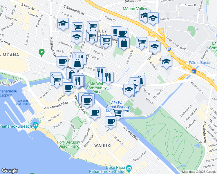 map of restaurants, bars, coffee shops, grocery stores, and more near 10 Kapiolani Boulevard in Honolulu