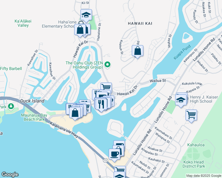 map of restaurants, bars, coffee shops, grocery stores, and more near 6888 Hawaii Kai Drive in Honolulu