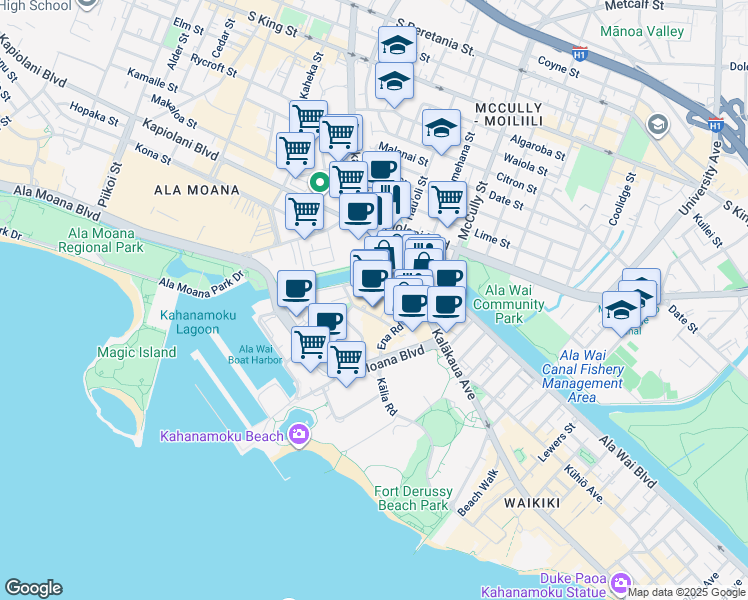 map of restaurants, bars, coffee shops, grocery stores, and more near 401 Makaoe Lane in Honolulu