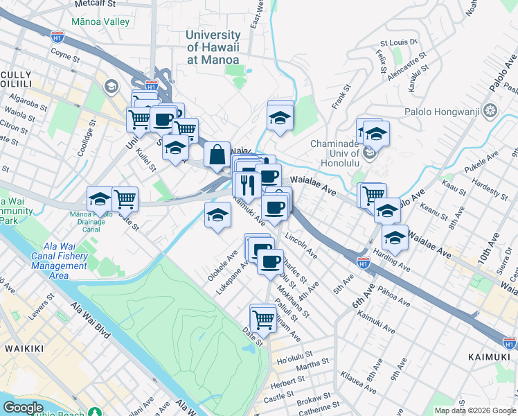 map of restaurants, bars, coffee shops, grocery stores, and more near 2815 Kihei Place in Honolulu