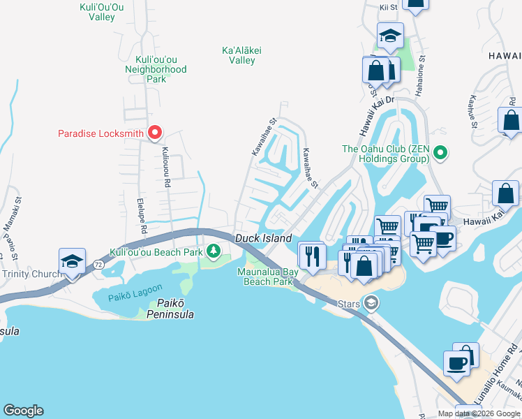 map of restaurants, bars, coffee shops, grocery stores, and more near 6240 Milolii Place in Honolulu