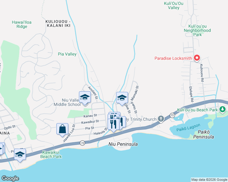 map of restaurants, bars, coffee shops, grocery stores, and more near 442 Kupaua Place in Honolulu