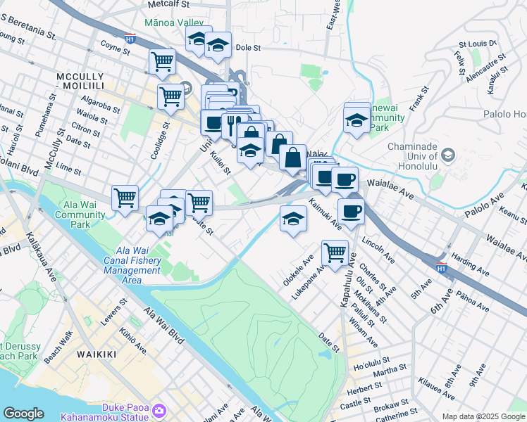 map of restaurants, bars, coffee shops, grocery stores, and more near 823 Waiaka Road in Honolulu