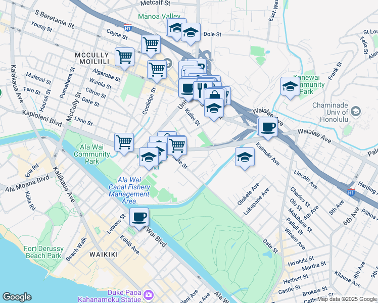map of restaurants, bars, coffee shops, grocery stores, and more near 2733 Kāʻaha Street in Honolulu