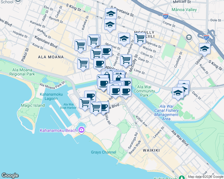 map of restaurants, bars, coffee shops, grocery stores, and more near 1837 Kalakaua Avenue in Honolulu