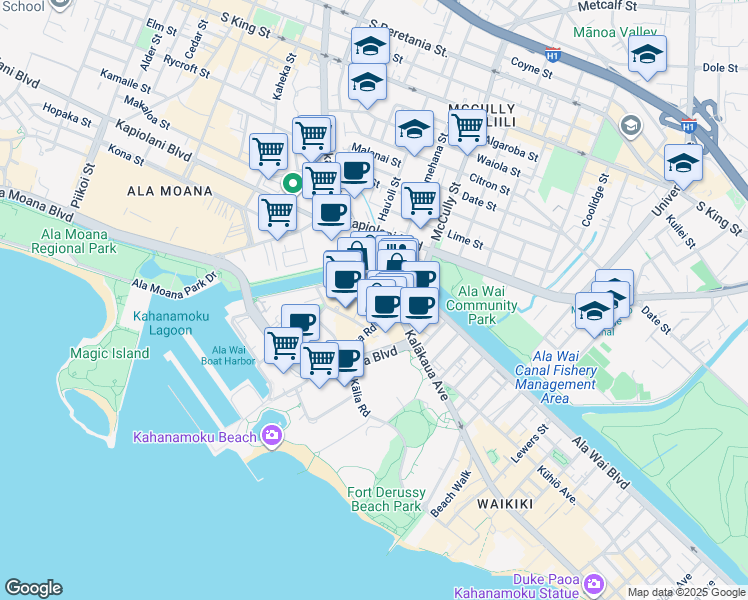 map of restaurants, bars, coffee shops, grocery stores, and more near 1837 Kalakaua Avenue in Honolulu