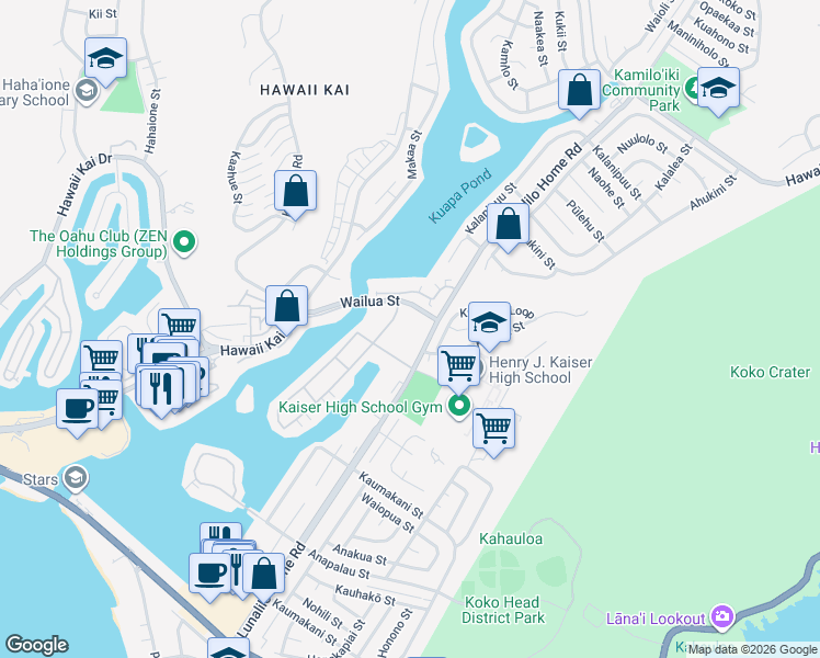 map of restaurants, bars, coffee shops, grocery stores, and more near 7152 Wailua Street in Honolulu