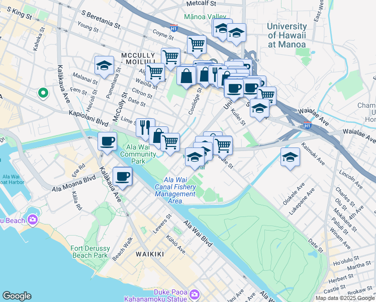 map of restaurants, bars, coffee shops, grocery stores, and more near Kapiolani Blvd & University Ave in Honolulu
