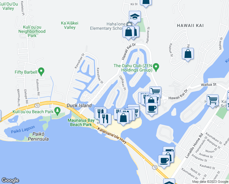map of restaurants, bars, coffee shops, grocery stores, and more near 100 Opihikao Way in Honolulu