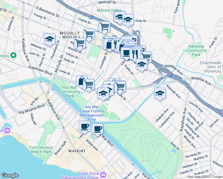 map of restaurants, bars, coffee shops, grocery stores, and more near Kapiolani Boulevard & Date Street in Honolulu