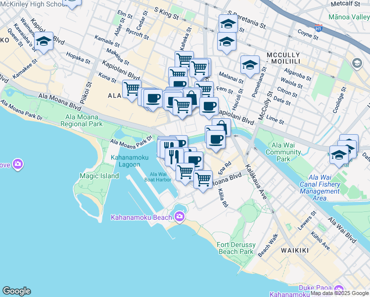 map of restaurants, bars, coffee shops, grocery stores, and more near 1902 Kahakai Drive in Honolulu