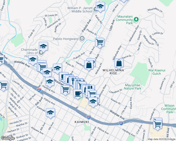 map of restaurants, bars, coffee shops, grocery stores, and more near 1451 10th Avenue in Honolulu