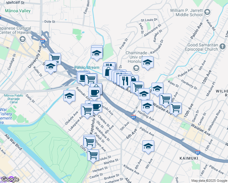 map of restaurants, bars, coffee shops, grocery stores, and more near 1143A 2nd Avenue in Honolulu