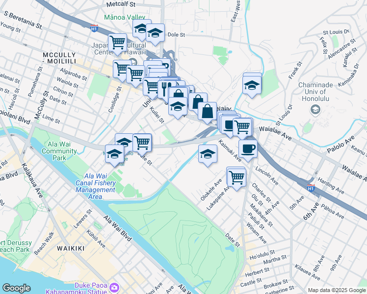 map of restaurants, bars, coffee shops, grocery stores, and more near 823 Waiaka Road in Honolulu