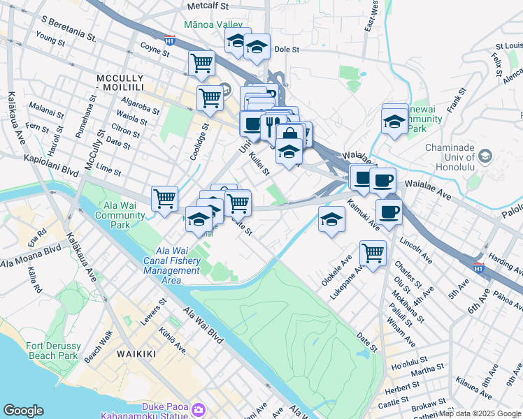 map of restaurants, bars, coffee shops, grocery stores, and more near 2630 Kapiolani Boulevard in Honolulu