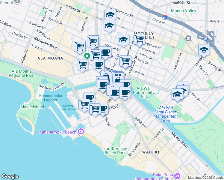 map of restaurants, bars, coffee shops, grocery stores, and more near 1837 Kalakaua Avenue in Honolulu