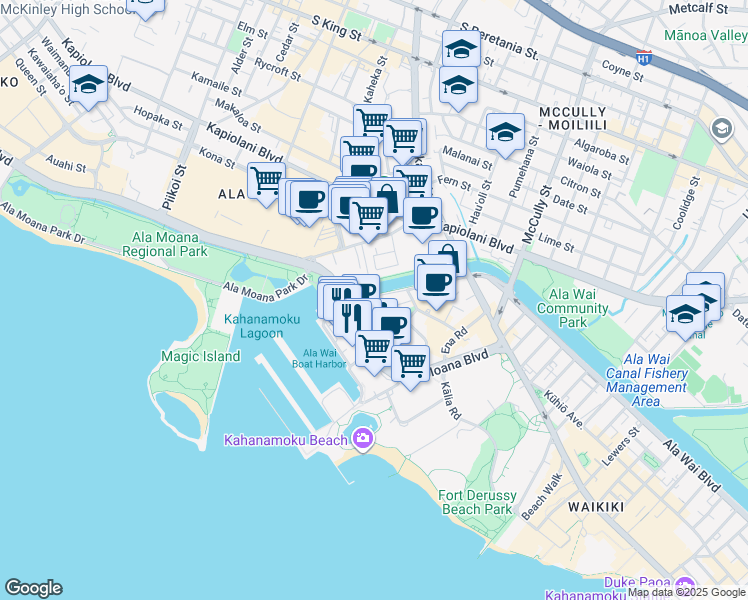 map of restaurants, bars, coffee shops, grocery stores, and more near 1902 Kahakai Drive in Honolulu