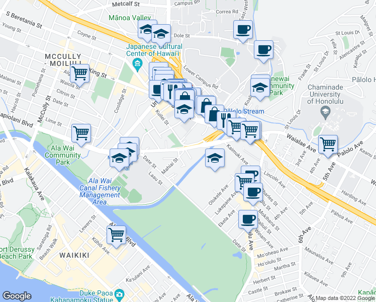 map of restaurants, bars, coffee shops, grocery stores, and more near 2715 Kapiolani Boulevard in Honolulu