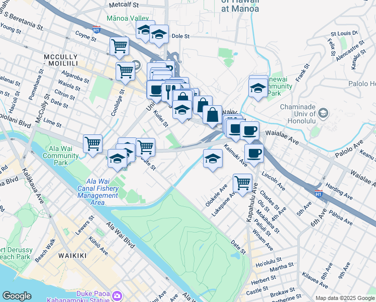 map of restaurants, bars, coffee shops, grocery stores, and more near 2721 Kapiolani Boulevard in Honolulu