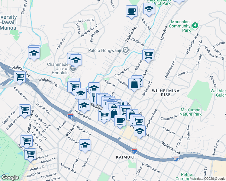 map of restaurants, bars, coffee shops, grocery stores, and more near 3407 Kaau St in Honolulu